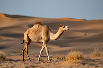 A camel walking gracefully across the sandy desert landscape during the golden hour, capturing the beauty of arid environments.