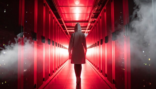 A solitary figure walks a vibrant red server hallway