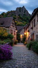 Charming cobblestone street in a historic French village at dusk