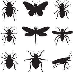 Black insect silhouettes butterfly beetle dragonfly ant wasp white