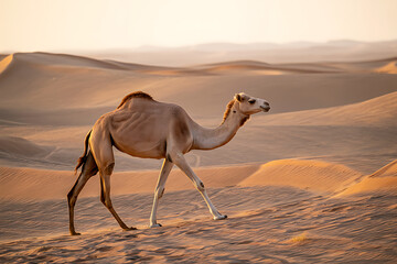 Majestic camel gracefully crosses golden sand dunes under the warm light, a serene desert scene evoking travel and exploration.