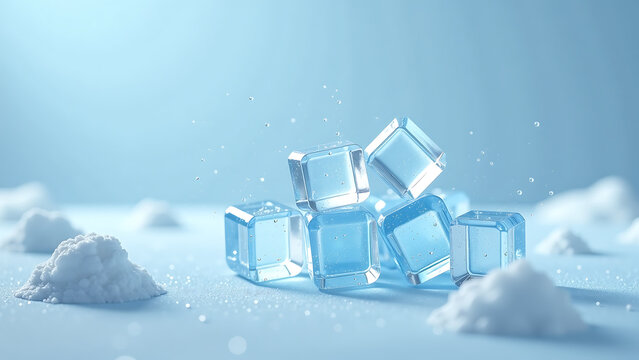 cluster translucent ice cubes disintegrate amidst pale blue surroundings suspended air gentle ethereal light creating serene
