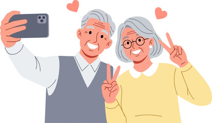 Happy senior couple taking a selfie with hearts, showing joyful moment and youthful vitality in retirement.