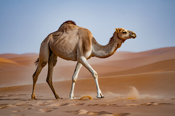 A majestic camel traverses the sandy desert landscape under a clear blue sky, showcasing Arabian wildlife in its natural habitat.