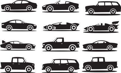 Diverse vehicle collection black silhouettes automobile sedan