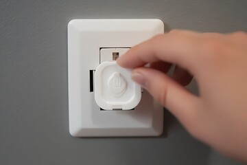 
Safety cover is inserted into outlet, indicating a precaution intended to protect children from electrical hazards.Hand placed safety cover over an electrical outlet.Safety plugs,prevent child hazard