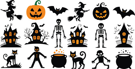 Halloween witches pumpkins bats skeletons haunted houses black cats cauldrons broom jack