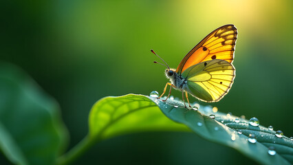 Obraz premium delicate butterfly perches leaf intricate antennae glowing microscopic droplets refract light tiny