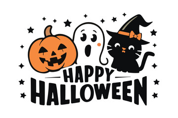 happy halloween illustration with pumpkin ghost and cat in witch hat surrounded by stars perfect for festive seasonal vector design projects