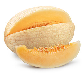 Ripe white oval melon with a cut isolated on white background. File contains clipping path.