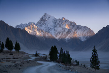 Majestic snow capped mountain rises above winding road at sunrise, offering a stunning alpine landscape scene for adventure and scenic travel.