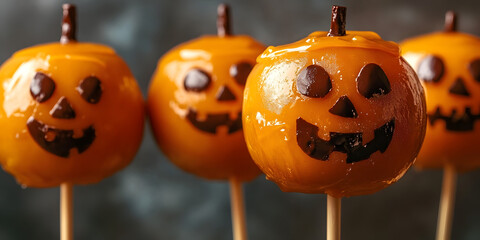 Halloween Candy Apples , Jack O Lantern Lollipops , Fall Seasonal , Orange Treats , Festive Food Still Life , Spooky Sweets Image