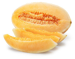 White oval melon and melon slices isolated on white background. File contains clipping path.