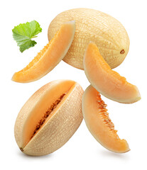 Set of white oval melon and melon slices isolated on white background. File contains clipping paths.