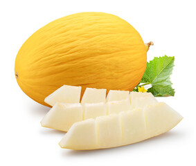 Canary yellow melon and melon slices isolated on white background. File contains clipping path.
