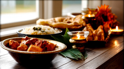An inviting Indian dinner spread with chicken curry, rice, and naan bread, warmly lit by candlelight on a wooden table.
