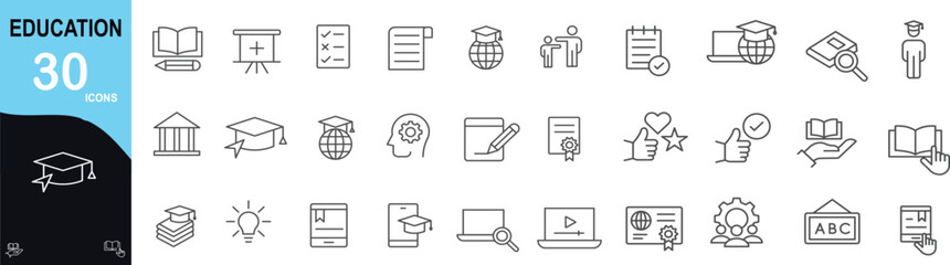 Education Line Icons Set. Collection of 30 outline icons representing learning, teaching, academic subjects, classroom activities, and student life. Editable stroke. Vector illustration. 