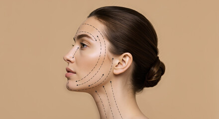 Profile of woman with facial lifting arrows showing massage direction on beige background. Cosmetic procedure technique. Beauty and anti-aging concept. Facial rejuvenation movement guide