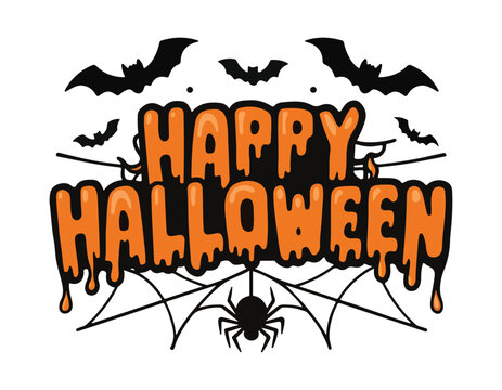 halloween greeting with bats spider web and dripping orange text happy halloween perfect for spooky festive cards and seasonal vector designs