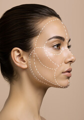 Profile view of woman with digital facial mapping lines. Perfect skin with highlighted contours showcases beauty technology concept on neutral beige background.