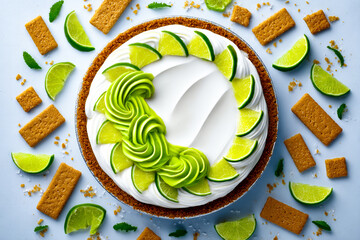 A bright flat lay of a key lime pie with decorative green swirls and fresh lime slices on blue.