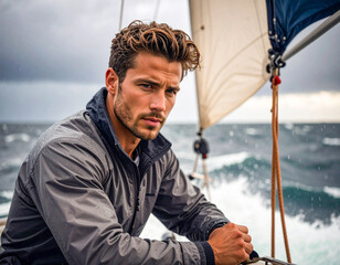 Obraz premium Portrait of a Rugged Seafarer at Sea on a Stormy Day