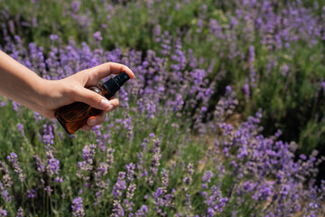 Hand holds a small spray bottle, releasing lavender essence amidst blooming lavender flowers in a sunny afternoon