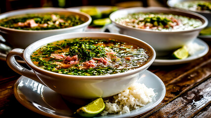Authentic Vietnamese pho bo, a flavorful beef noodle soup in white bowls with fresh lime and herbs on a rustic wooden table.