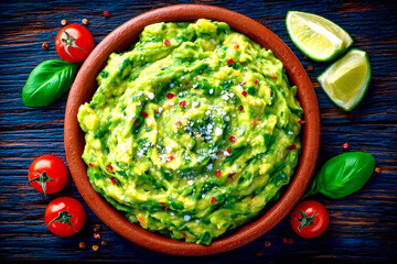 A vibrant flat lay of rich homemade guacamole with a sprinkle of red pepper flakes on a dark wooden background.