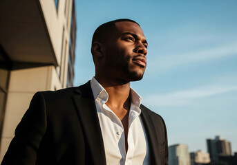Naklejka premium Confident Business Professional in Black Suit and White Shirt Standing Against Urban City Backdrop