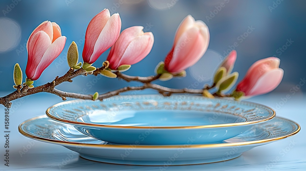 Poster a plate on a table with a tree branch and a bowl centered