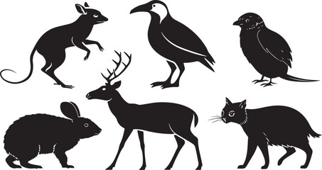 Fototapeta premium Collection of stylized black silhouettes of diverse animals on white background