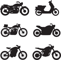 Obraz premium Six black motorcycle silhouettes including a scooter and dirt bike cruiser