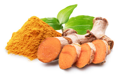 Turmeric rhizome slices, turmeric powder and green leaves on white background. File contains...