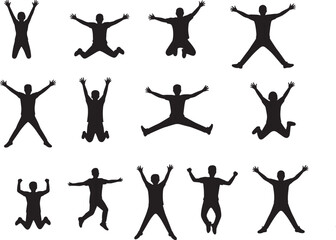 Silhouettes of people jumping with arms raised in celebration vector
