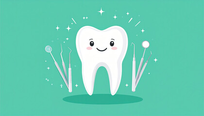Cartoon Tooth with Dental Tools Illustration Promotes Health and Hygiene