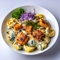 Creamy tortellini with baked salmon and spinach, topped with shredded purple cabbage and fresh dill, top view in a white bowl.
