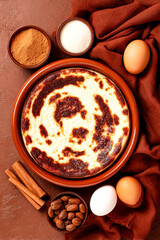 A top down view of a traditional baked cheesecake in a ceramic baking dish on a brown background.