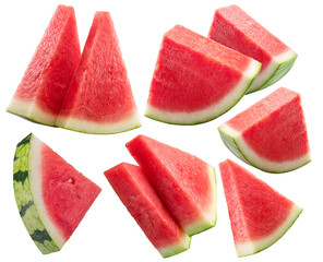 Set of watermelon triangle slices without seeds isolated on white background. Clipping path.