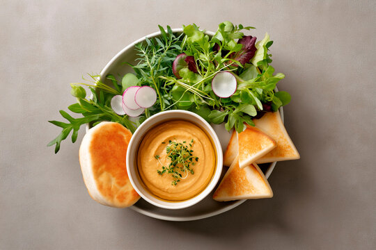 Plate with creamy hummus dip, fresh leafy greens, sliced radish, pita bread and toasted triangles, arranged in a clean and appetizing presentation