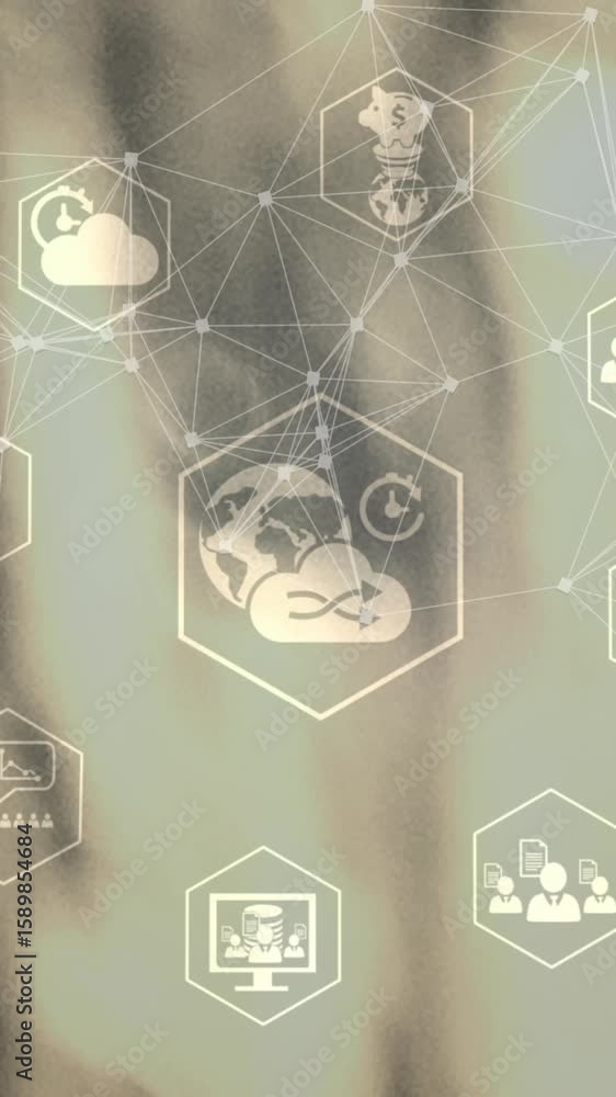Poster animation of network of connections with icons over blurred background