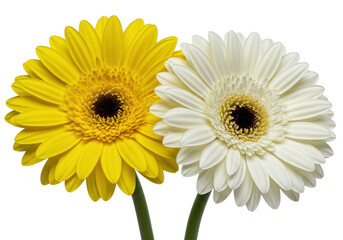 Bright yellow and transparent gerbera daisies with perfectly formed petals and intricate disc florets, isolated against a seamless, transparent studio background with ample copy space, soft