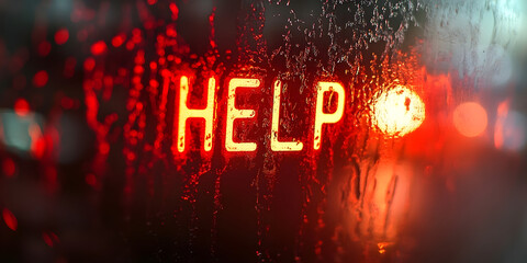 Help Sign Image, Neon Sign, Rainy Window, Bokeh Lights, Dark Aesthetic, Urgent, Abstract Digital , Dark Atmosphere, Evocative
