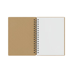 Open, blank spiral notebook with brown kraft paper cover, white pages, metallic binding, isolated on transparent studio background, top-down view, bright shadowless lighting, clean product