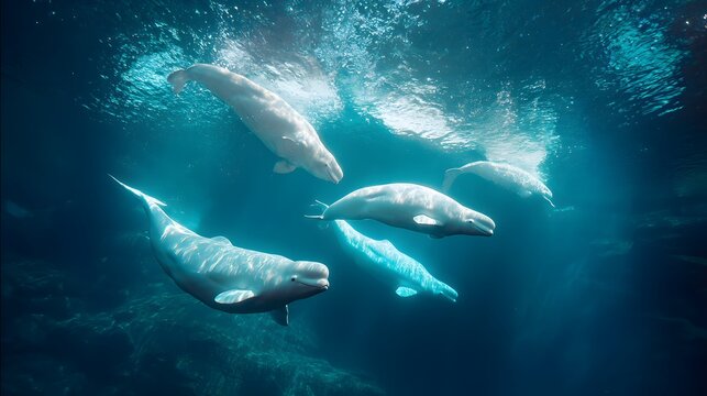 A group of beluga whales swimming in the deep blue ocean with sunlight reflecting - Powered by Adobe