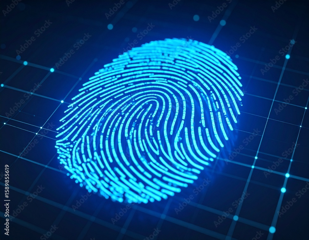 Poster futuristic blue fingerprint scan with digital grid background