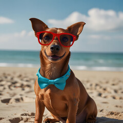 Cool Dachshund in Red Sunglasses and Blue Bow Tie Relaxing on Beach