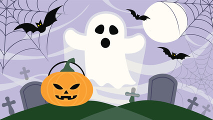 Halloween scene with ghost pumpkin bats tombstones moon and spiderwebs on a light purple background