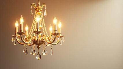 majestic gold crystal chandelier shines warmly amidst soft focus intricate facets reflecting gentle light blurred neutral