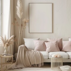 Empty Wall Frame Neutral Living Room Cream Pastel Pink Warm Cozy Minimalist Interior